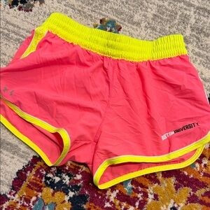 Under Armour Women's Vibrant Pink and Neon Yellow Athletic Shorts
